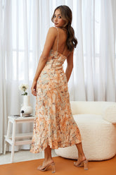 Downtown Cami Strap Front Split Midi Dress Mottle Print Orange